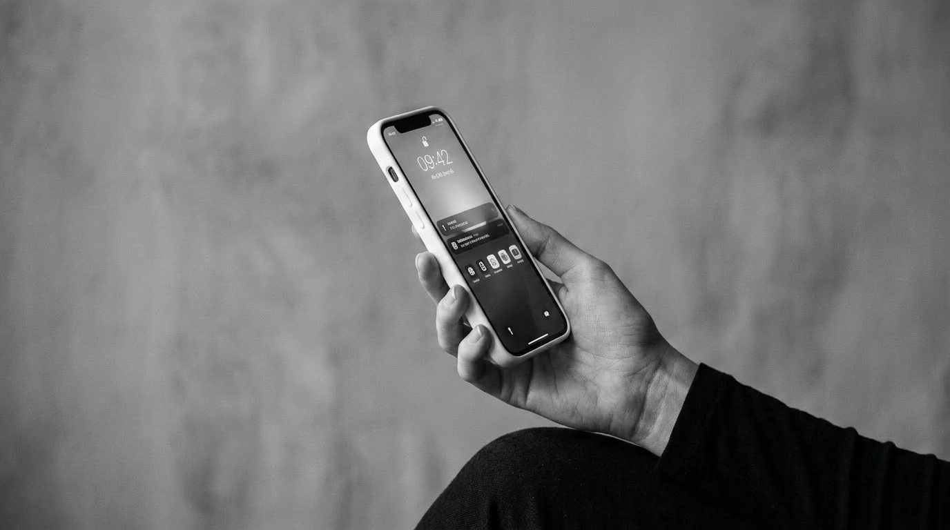 A hand holding a smartphone showing the lock screen with notifications and time 09:42