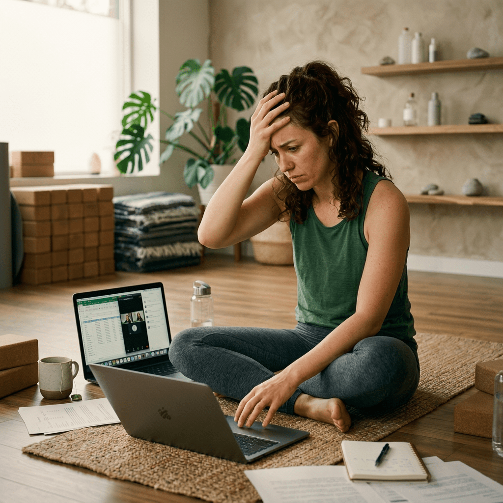 Woman sitting cross-legged on floor, looking stressed while using two laptops and surrounded by papers