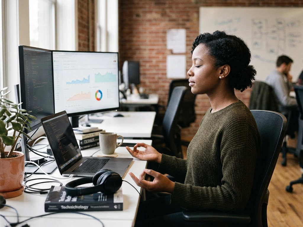 Woman sitting at office desk with eyes closed, meditating